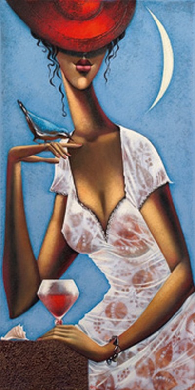 Ira Tsantekidou, Rose d'Anjou 1 (Wunschgröße, Malerei, Frau, roter Hut, Eleganz, Vogel, Weinglas, Rotwein, Abendszene, Mond, Neumond, People & Eros, figurativ, modern, dekorativ, Wohnzimmer, Treppenhaus, Esszimmer, Bar, Bistro, bunt)