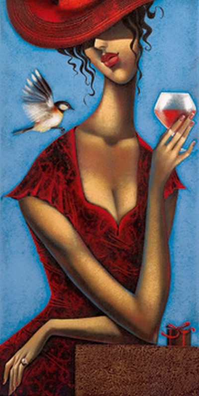 Ira Tsantekidou, Rose d'Anjou 2 (Wunschgröße, Malerei, Frau, roter Hut, Eleganz, Vogel, Weinglas, Rotwein, Abendszene, People & Eros, figurativ, modern, dekorativ, Wohnzimmer, Treppenhaus, Esszimmer, Bar, Bistro, bunt)