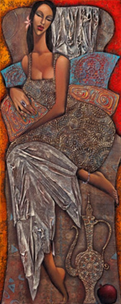 Ira Tsantekidou, Tagesruhe (Wunschgröße, Malerei, Frau, ruhende Frau, Sessel, Ethnic, Wasserkanne, People & Eros, figurativ, modern, dekorativ, Wohnzimmer, Treppenhaus, Schlafzimmer, bunt)