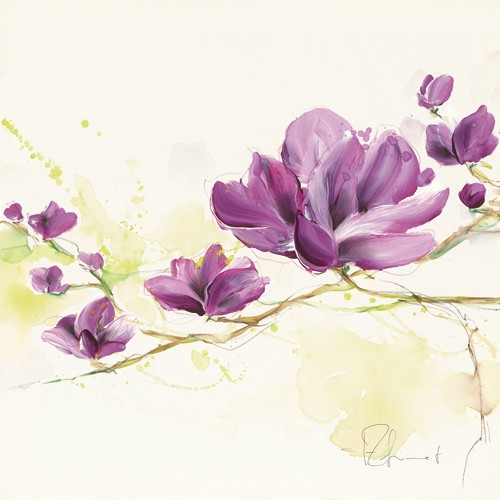 Isabelle Zacher-Finet, Magnolie I (Magnolien, Blütenzweig, Blüten, Blumen, zart, filigran, Modern, dekorativ, zeitgenössisch, Wohnzimmer Treppenhaus, Wunschgröße, violett/beige)