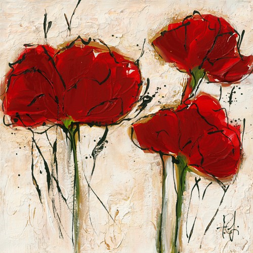 Isabelle Zacher-Finet, Pavot abstrait I (Mohnblumen, Blüten, Blumen,  Modern, dekorativ, zeitgenössisch, Wohnzimmer Treppenhaus, Wunschgröße, rot/beige)