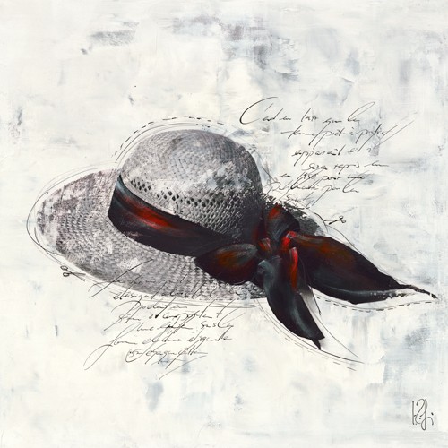 Isabelle Zacher-Finet, Prt--porter I (Hut, Schleife, Accessoires, Modern, dekorativ, Kalligrafie, zeitgenössisch, Wohnzimmer Treppenhaus, Wunschgröße, grau/rot)