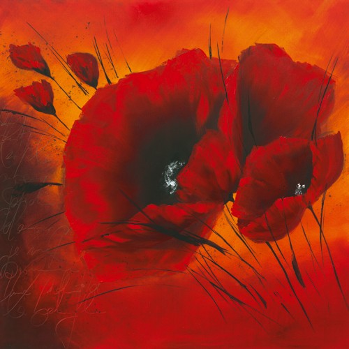 Isabelle Zacher-Finet, Quand lamour fleurit III (Mohnblumen, Blüten, Blumen, feurig, leuchtend, Modern, dekorativ, zeitgenössisch, Wohnzimmer Treppenhaus, Wunschgröße, rot/orange)