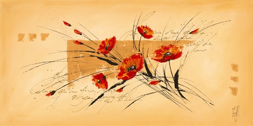 Isabelle Zacher-Finet, Tendresse fleurie III (Mohnblumen, Blüten, Blumen,  Modern, dekorativ, Kalligrafie, zeitgenössisch, Wohnzimmer Treppenhaus, Wunschgröße, rot/gelb)