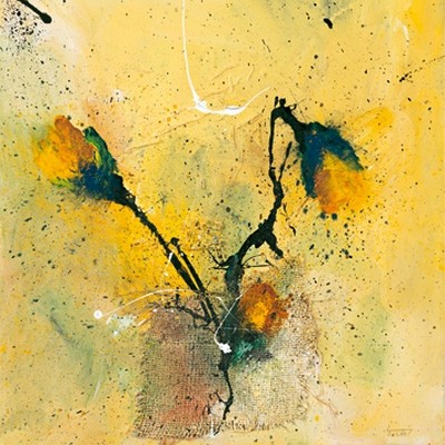 Isolde Folger, Blüten I (Blumen, Blüten, Rosen, pastos, Pinselspuren, abstrakter Hintergrund, moderne Malerei, zeitgenösisch, Treppenhaus, Wohnzimmer, Wunschgröße, gelb)