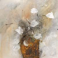 Isolde Folger, White Flowers (Abstrakt, abstrakte Malerei, floral, Stillleben, Wunschgröße, Wohnzimmer, Esszimmer, Treppenhaus, grau/gelb)