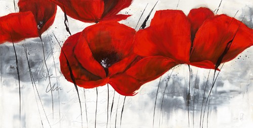 Isabelle Zacher-Finet, Pavot dhiver IV (Mohnblumen, Blüten, Blumen,  Modern, dekorativ, zeitgenössisch, Wohnzimmer Treppenhaus, Wunschgröße, rot/grau)