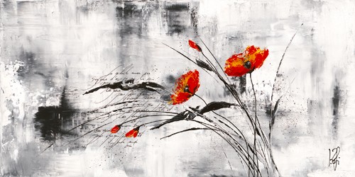 Isabelle Zacher-Finet, Rve fleurie VI (Mohnblume, Blüten, Blumen, Kaligrafie, Modern, dekorativ, zeitgenössisch, Wohnzimmer Treppenhaus, Wunschgröße, rot/grau)