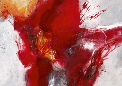 Isolde Folger, Eruzione (Farbauftrag, pastos, explosiv, Dynamik, Pinselspuren, abstrakt, moderne Malerei, zeitgenösisch, Treppenhaus, Wohnzimmer, Büro, Wunschgröße, rot)