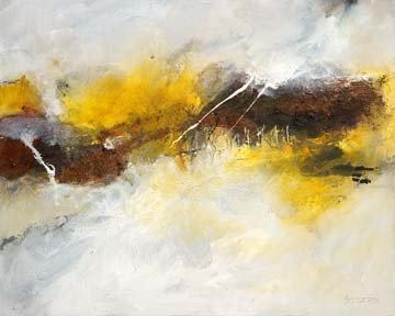 Isolde Folger, Tacaronte II (Farbauftrag, pastos, Dynamik, Pinselspuren, abstrakt, moderne Malerei, zeitgenösisch, Treppenhaus, Wohnzimmer, Büro, Wunschgröße, gelb/grau)