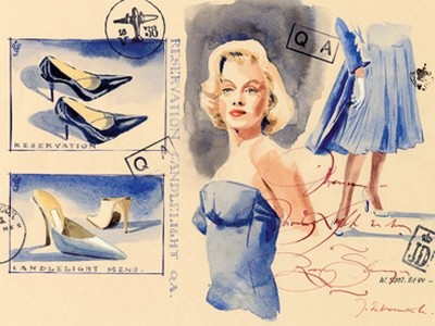 Jaak De Koninck, Reservation Candlelight (Figurativ, Modern, Marylin Monroe, Filmikone, Diva, Schuhe, Damenschuhe, Briefmarken, People & Eros, Malerei, Wohnzimmer, Wunschgröße, bunt)