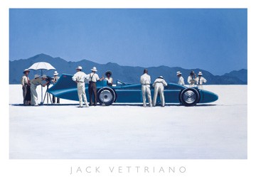 Jack Vettriano, Bluebird at Bonneville (People & Eros, Figurativ, Büro, soziale Einrichtungen, Auto, schick, blau, weiß)