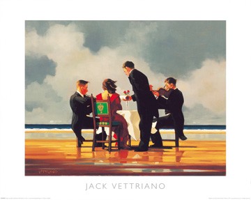 Jack Vettriano, Elegy for The Dead Admiral (People & Eros, Strand, Klagelied, Trauer, Menschen, American Scene, Geiger, Musiker,  Malerei, Wohnzimmer, Treppenhaus, bunt)