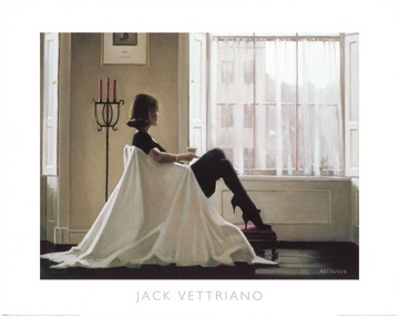 Jack Vettriano, In Thoughts of You (People & Eros, Weiß, Frau, Fenster, Nachdenklich, American Scene)