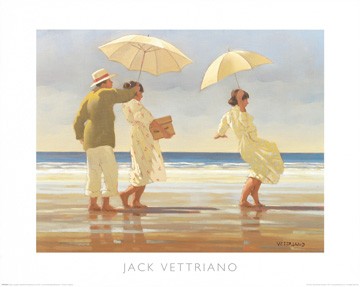 Jack Vettriano, The Picnic Party (People & Eros, Strand, Kleid, Kleider, American Scene, Figur, Mann, Frau, Sonne, Tag, Tageslicht)