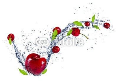 Jag_cz, Cherries in water splash, isolated on white background (Wunschgröße, Fotokunst, Früchte, Obst, Kernobst, Kirschen, Wasserstrahl, Wasserspritzer, Dynamik, Frische, Erfrischung, belebend, Küche, Gastronomie, Bistro, weiß / rot)