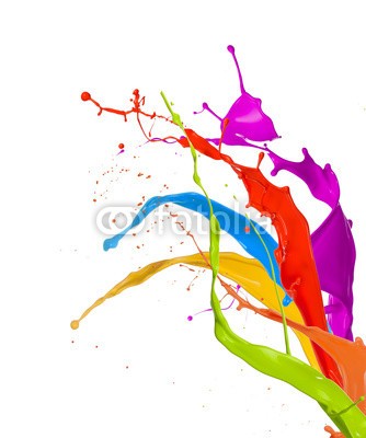 Jag_cz, Colored paint splashes isolated on white background (platsch, verfärbt, bunt, isoliert, flüssigkeit, zusammenlegung, malen, regenbogen, studio, vielfalt, mehrere, weiß, gelb, 3d, abstrakt, kunst, kunstvoll, hintergrund, blau, bürste, blase, close-up, trinken, tropfen, entladen, fließen, strömen)