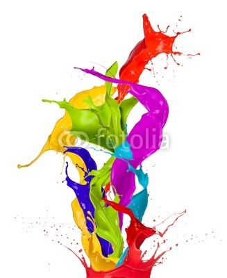 Jag_cz, Colored paint splashes isolated on white background (3d, abstrakt, kunst, kunstvoll, hintergrund, blau, blumenstrauss, bürste, blase, close-up, verfärbt, bunt, trinken, tropfen, entladen, fließen, strömend, flüssig, frisch, grün, tinte, isoliert, licht, flüssigkeit, zusammenlegung, bewegung, natu)