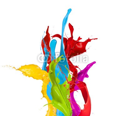 Jag_cz, Colored paint splashes isolated on white background (platsch, malen, verfärbt, bunt, zusammenlegung, hintergrund, regenbogen, weiß, abstrakt, bürste, blau, close-up, isoliert, nass, grün, flüssigkeit, flüssig, rot, fließen, trinken, gelb, studio, flecken, licht, tropfen, glatt, welle, strömend, tint)