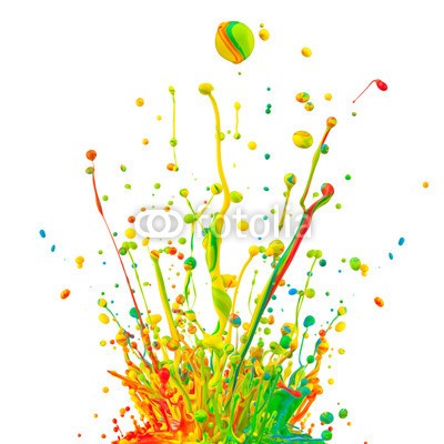 Jag_cz, Colored paint splashes on white background (abstrakt, weiß, verfärbt, bunt, kunst, tinte, fließen, kunstvoll, malen, blau, strömend, tropfen, flüssig, isoliert, grün, regenbogen, entladen, platsch, flüssigkeit, bunt, verfärbt, rot, hell, bewegung, kleckse, acryl, welle, nass, gelb, spektru)
