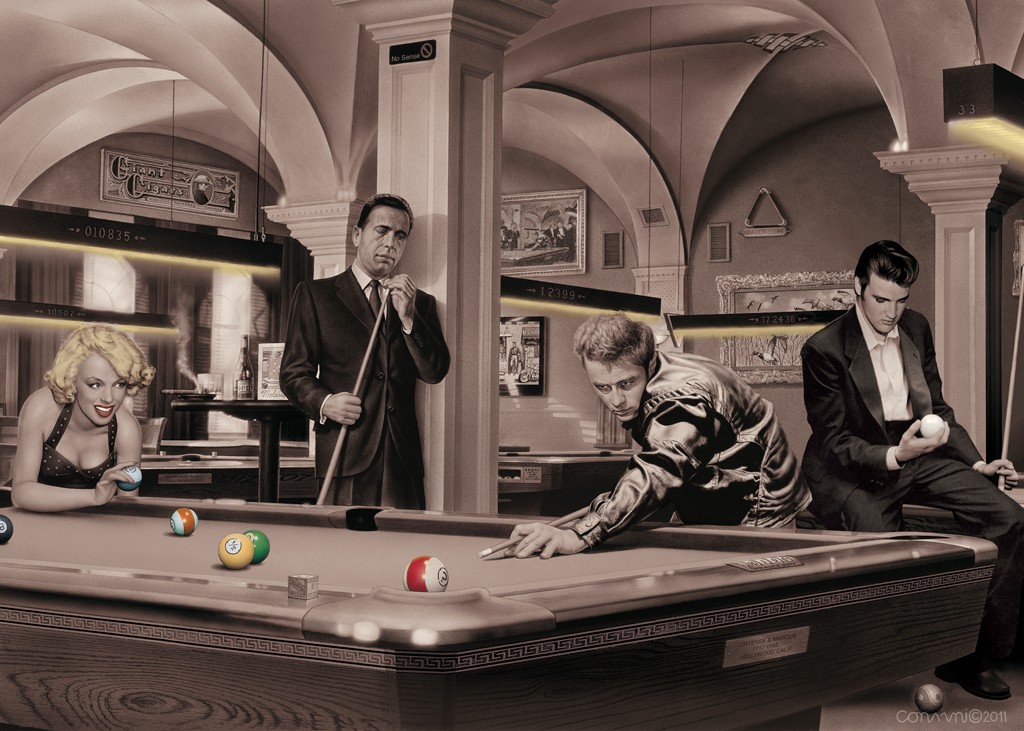 Chris Consani, Game of Fate (American Scene, Kneipenszene, Pool Billard, Persönlichkeiten, Filmstars, Schauspieler, Kino, Marilyn Monroe, James Dean, Elvis Presley, Humphrey Bogart, Bar, Bistro, Wohnzimmer,  Vintage, colour spot, Wunschgröße, schwarz/weiß)