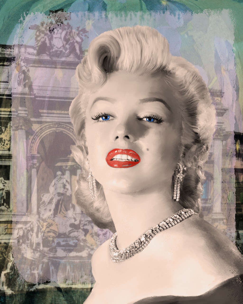 Jerry Michaels, Girls Best Friend II (Marilyn Monroe, Diva, Schauspielerin, Rom, Trevibrunnen, Persönlichkeien, Diamanten, Schmuck, Colorspot, Portrait, Fotokunst, Wohnzimmer, Wunschgröße, schwarz/weiß, rot/grün)