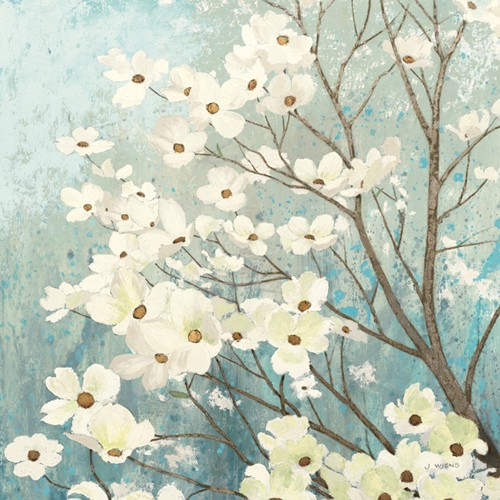James Wiens, Dogwood Blossoms I (Wunschgröße, Malerei, natur, Blütenzweige, Hartriegel, Kornelkirsche, Frühling, Schlafzimmer, Treppenhaus, blau/weiß)