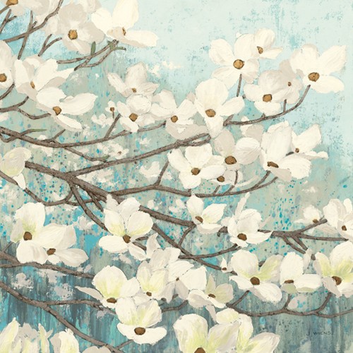 James Wiens, Dogwood Blossoms II (Wunschgröße, Malerei, natur, Blütenzweige, Hartriegel, Kornelkirsche, Frühling, Schlafzimmer, Treppenhaus, blau/weiß)