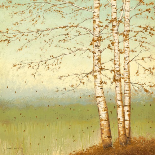 James Wiens, Golden Birch II with Blue Sky (Wunschgröße, Malerei, Natur, Baum, Birken, Dunst, wind, fallende Blätter, Einsamkeit, Herbst, Schlafzimmer, Treppenhaus, Wohnzimmer, bunt)