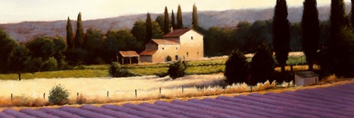 James Wiens, Lavender Fields Panel II (Wunschgröße, Malerei, Landschaften, Lavendelfelder, Landwirtschaft, Bäume, Gehöft, Wohnzimmer, Treppenhaus, bunt)