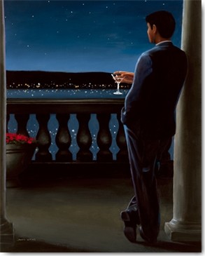 James Wiens, Thinking of Her (Wunschgröße, Malerei, Moderne Malerei, figurativ, Mann, Eleganz, Anzug, Sommernacht, Nachtszene, Melancholie, Treppenhaus, Wohnzimmer, bunt)