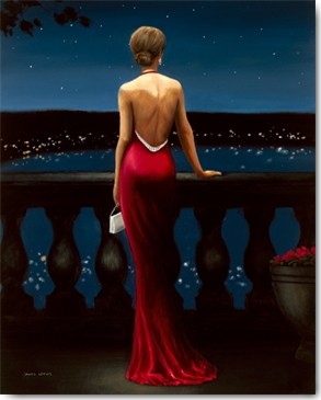 James Wiens, Thinking of Him (Wunschgröße, Malerei, Moderne Malerei, figurativ, Frau, Eleganz, rotes Abendkleid, Rückenansicht, Rückendekolleté, Sommernacht, Nachtszene, Melancholie, Treppenhaus, Wohnzimmer, bunt)