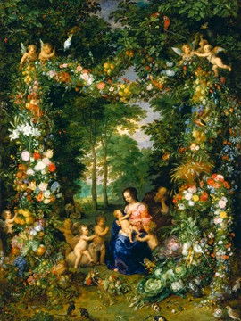 Jan Brueghel der Ältere, Hl. Familie in einem Blumenkranz (Garten, Paradiesgarten, religiös, Neues Testament, Heilige Familie, Engel, Blumenkranz, Blütenmeer, Landschaftsmalerei, Barock, Wunschgröße, Klassiker, Blumenbrueghel, Samtbrueghel, Wohnzimmer)