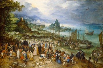 Jan Brueghel der Ältere, Seehafen mit Predigt Christi (Landschaftsmalerei, Meer, religiös, Predigt, Jesus Christus, Hafen, Schiffe,  Barock, Wunschgröße, Klassiker, Blumenbrueghel, Samtbrueghel, Wohnzimmer)