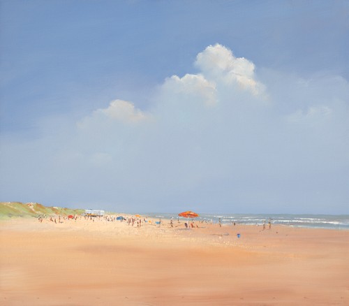 Jan Groenhart, A Day on the Beach (Landschaft, Meer, Wolken, Sand, Strand, Weite, Urlaub, Sommer, Horizont, Wohnzimmer, Arztpraxis, Schlafzimmer, zeitgenössisch, Malerei, Meeresbrise, Wunschgröße, bunt)