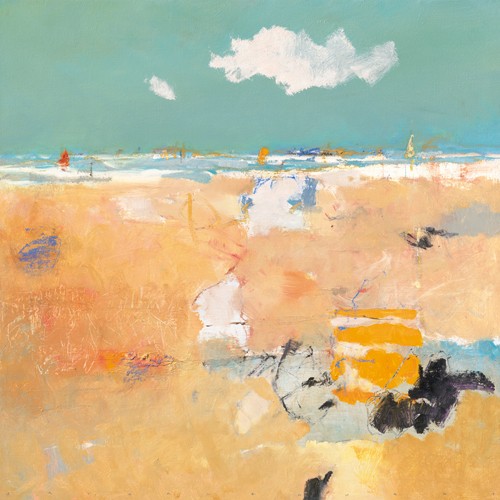 Jan Groenhart, Beach with sails (Landschaft, Meer, Strand, Sand, Urlaub, Horizont, Wohnzimmer, Arztpraxis, Schlafzimmer, zeitgenössisch,  Malerei, Meeresbrise, bunt)