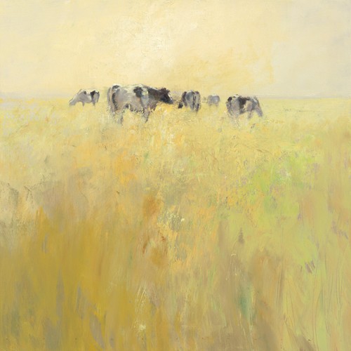 Jan Groenhart, Cows in Spring (Feld, Kühe, Weide, Frühling, Graslandschaft,  Einsamkeit, Wohnzimmer, Arztpraxis, Schlafzimmer, zeitgenössisch, Malerei,  Wunschgröße, bunt)