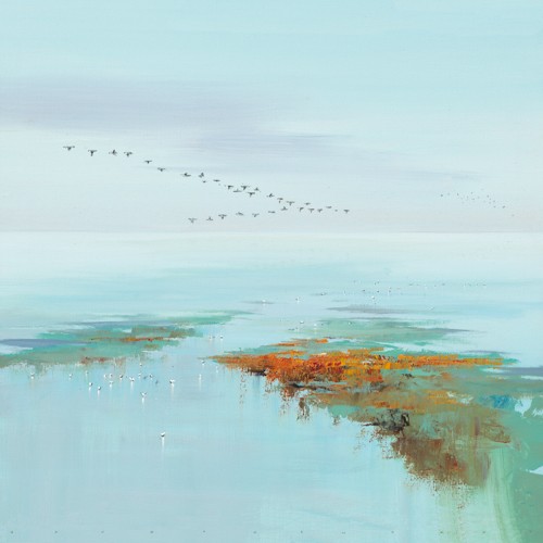 Jan Groenhart, Flying Birds (Meer, Küste, Horizont, Vogelflug, Kraniche, Weite, Einsamkeit, Wohnzimmer, Arztpraxis, Schlafzimmer, zeitgenössisch, Malerei, Meeresbrise, Wunschgröße, bunt)