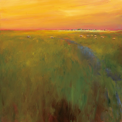 Jan Groenhart, Golden Glow (Landschaft, Ebene, Felder, Horizont, Sonnenuntergang, Himmel, Dorf, Wohnzimmer, Arztpraxis, Schlafzimmer, zeitgenössisch, Malerei, Wunschgröße, bunt)