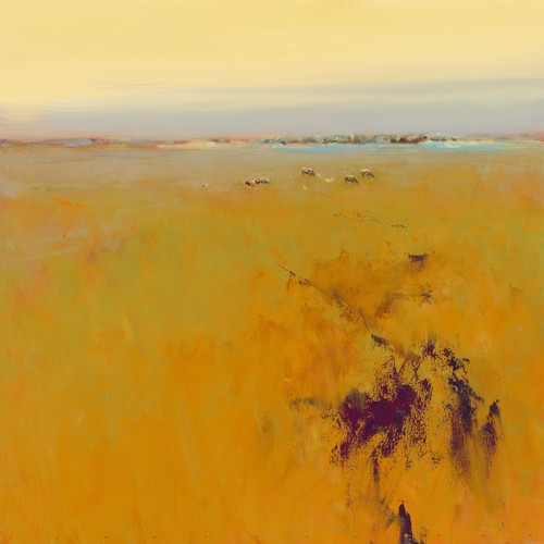 Jan Groenhart, Meadow in warm Colors (Landschaft, Ebene, Felder, Weizenfeld, Horizont, Himmel, Dorf, Wohnzimmer, Arztpraxis, Schlafzimmer, zeitgenössisch, Malerei, Wunschgröße, bunt)