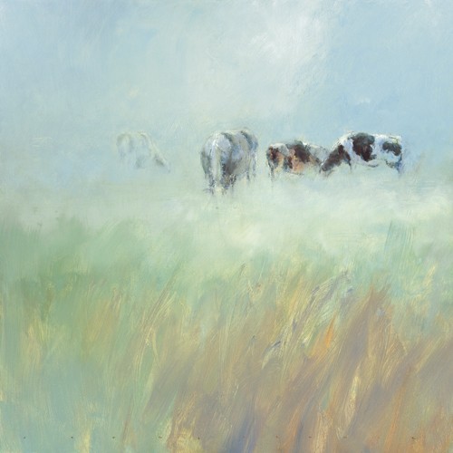 Jan Groenhart, Morning Dew (Feld, Kühe, Weide, Graslandschaft, Morgendunst, Einsamkeit, Wohnzimmer, Arztpraxis, Schlafzimmer, zeitgenössisch, Malerei,  Wunschgröße, bunt)