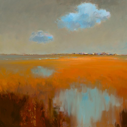 Jan Groenhart, Reflecting Clouds (Landschaft, Ebene, Horizont, Weite, Natur, Niederlande, Wohnzimmer, Arztpraxis, Schlafzimmer,zeitgenössisch, Malerei, Wunschgröße, bunt)