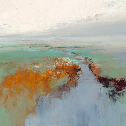 Jan Groenhart, Silver light (Landschaft, Ebene, Horizont, Weite, Natur, Niederlande, Flußlauf, Wohnzimmer, Arztpraxis, Schlafzimmer, zeitgenössisch, Malerei, Wunschgröße, bunt)