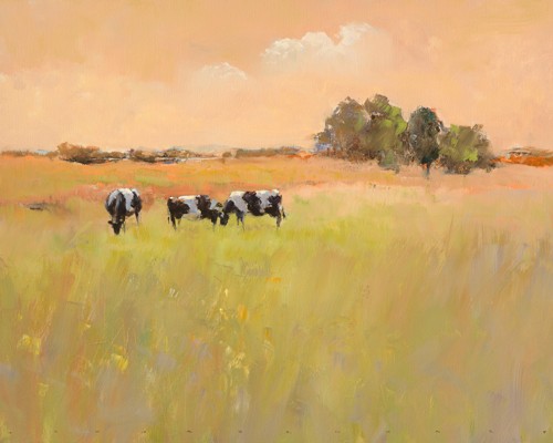 Jan Groenhart, Three Cows (Feld, Kühe, Horizont, Weite, Einsamkeit, Wohnzimmer, Arztpraxis, Schlafzimmer, zeitgenössisch, Malerei,  Wunschgröße, bunt)