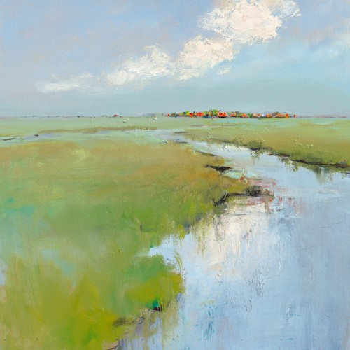 Jan Groenhart, Water and Land (Landschaft, Ebene, Horizont, Flusslauf, Weite, Natur, Niederlande, Wohnzimmer, Arztpraxis, Schlafzimmer, zeitgenössisch, Malerei, Wunschgröße, bunt)