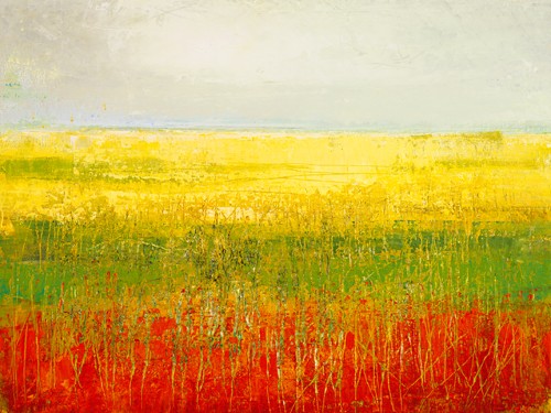 Jane Morten, A Field of Marigolds (Landschaft, Landschaftsmalerei, abstrahiert, Sommer, Feld, Ringelblumen, Horizont, Wunschgröße, Wohnzimmer, Esszimmer, Büro, Business, leuchtend bunt)