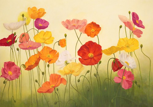 Janelle Kroner, Sunlit Poppies (Wunschgeröße, Malerei, Mohnblumen, Blumenwiese, Blüten, Sonnenlicht, fröhlich, Wintergarten, Wohnzimmer, Treppenhaus, Arztpraxis, bunt)