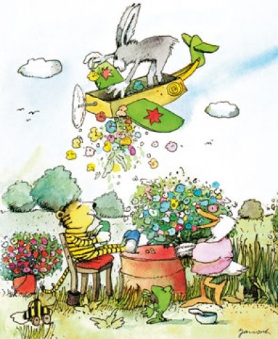 Janosch, Blumenregen (Modern, Kinderwelten, Illustration, Zeichnung, Landschaft, Tigerente, Tiger, Ente, Hase, Frosch, Flugzeug, Blumen, Kinderzimmer, Treppenhaus,bunt)