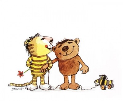 Janosch, Bussi Tiger (Modern, Kinderwelten, Illustration, Zeichnung, Bär, Tiger, Tigerente, Blume, Kuss,  Kinderzimmer, Treppenhaus, bunt)