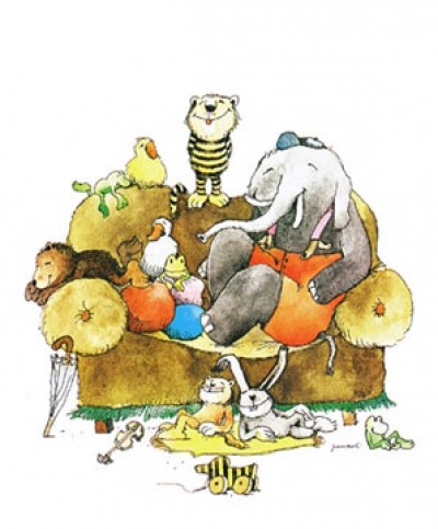 Janosch, Gruppenbild (Modern, Kinderwelten, Illustration, Zeichnung, Bär, Tiger, Frosch, Elefant, Ente, Hase, Tigerente, Sofa, Kinderzimmer, Treppenhaus,)